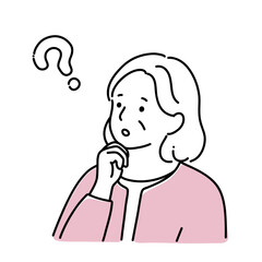 シンプル線画　顎に手をあてているシニアの女性　疑問・クエスチョンマーク