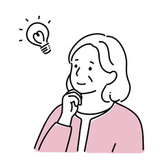 シンプル線画　顎に手をあてているシニアの女性　ひらめき