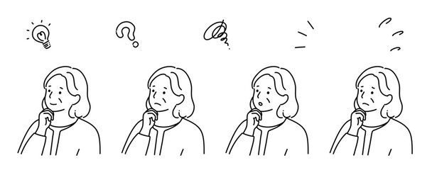 顎に手をあてているいろいろな表情のシニアの女性 シンプル線画　モノクロ