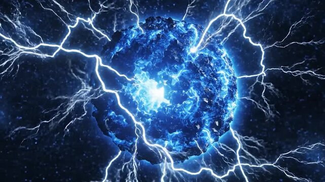 Powerful blue energy sphere with lightning bolts striking in dark space