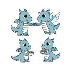 Cute cartoon dragons sharing cake and holding hands in friendship