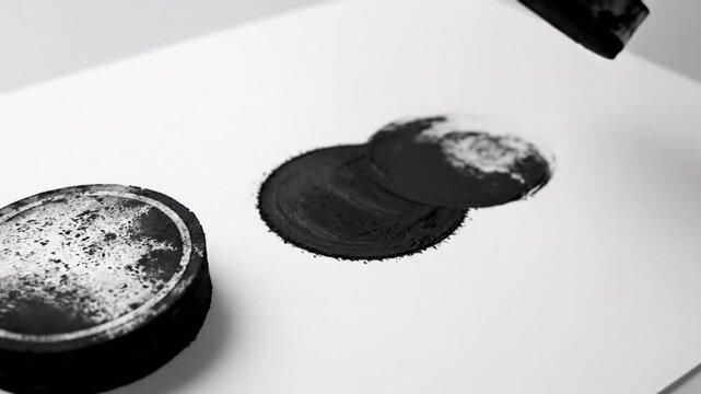 A close-up shot of a stamp pressing down on a white surface, creating a solid black circle