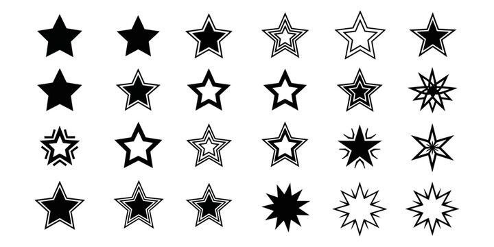 Set of star icons and badges in bold outline and solid styles, clean vector shapes for logo or design.