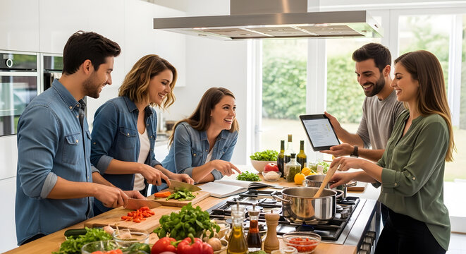 Happy young people chopping vegetables and using a digital tablet for recipes in a bright kitchen