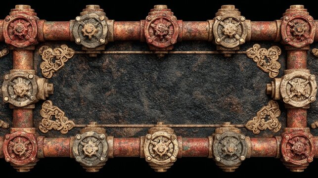 Fantasy thin narrow round metal border with rusted bolts, hollow frame design on transparent black background, detailed steampunk texture, ideal for gaming tokens or digital fantasy elements.