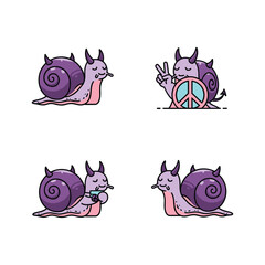 Cartoon snails showing peace signs and smoking in a minimalist style