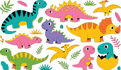 Cartoon Dinosaur Vector Set – Cute Baby Dino Triceratops and Brontosaurus Characters © MDABU