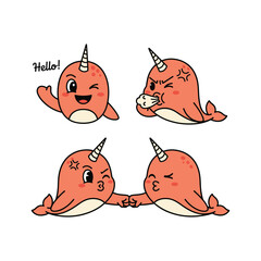 Cute cartoon narwhals greeting and hugging with different emotions © Disan stock