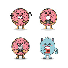Cartoon donuts and cat playing musical instruments with angry expressions