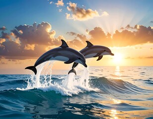 Fototapeta premium Two dolphins leaping over ocean waves during a beautiful sunset