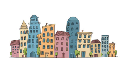 Fototapeta premium Colorful whimsical city buildings and townhouses with trees in flat cartoon style isolated on plain white background.