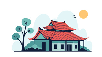 Fototapeta premium Traditional East Asian building with a tiered red roof featuring a green tree and sun in a scenic illustration.