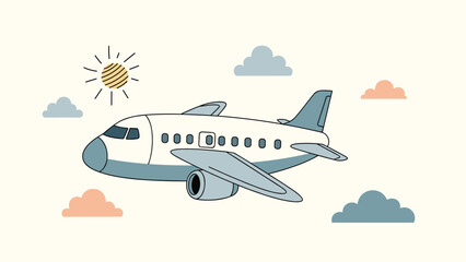 Fototapeta premium Small blue and white airplane flying through soft gray clouds with a stylized sun in the clear sky background.