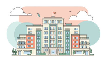 Large symmetrical modern building with many windows and a red flag on the roof in an architectural illustration.