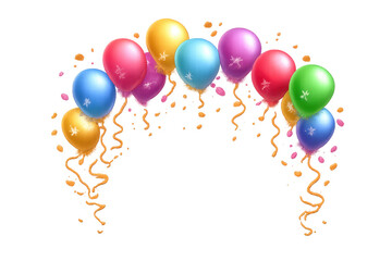 Colorful balloons floating with confetti and streamers, transparent background