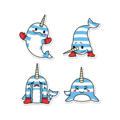 Cute cartoon narwhals with different emotions on white background