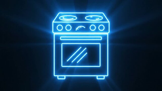 Digital neon outline of a kitchen stove with oven glowing brightly