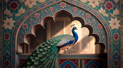 Peacock and elephant waiting in exotic mughal garden with taj mahal in background
