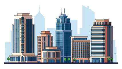 Fototapeta premium Contemporary city buildings with large glass windows and modern architectural details under a clear light blue sky.
