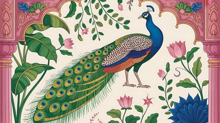 Traditional Mughal decorative wall with plants and peacock, Flowers, Mughal Arch.