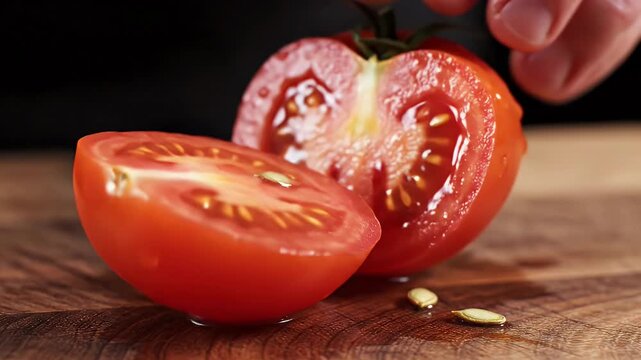 Hand cutting a fresh red tomato on a wooden board