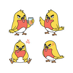 Angry cartoon chick with different emotions and actions on white background