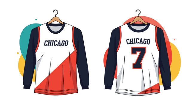 Two Chicago themed long sleeve sports shirts hanging on wooden hangers against a backdrop of colorful abstract blobs.