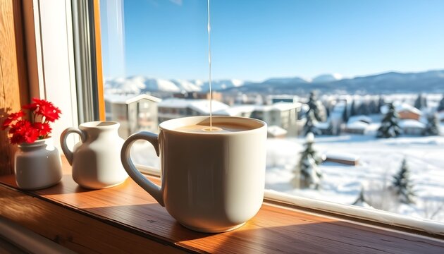 A warm cup of coffee on a windowsill overlooking a serene snowy landscape on a clear winter morning