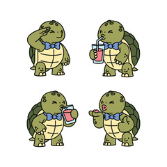 Cartoon turtle drinking coffee set with different emotions on white background