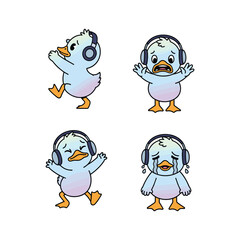 Cartoon duck listening to music with different emotions on white background