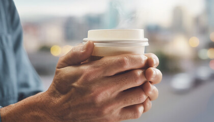 Man holds hot coffee against blur city backdrop. Perfect for coffee shop promotions, urban lifestyle articles, and citythemed design projects.