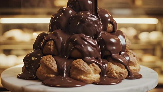 Melted chocolate flowing over a pyramid of profiteroles