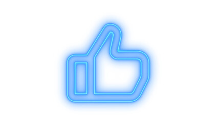 Obraz premium Colorful neon glowing blue thumbs up icon representing social media likes, approval, feedback, success, and positive user interaction, isolated on transparent background.