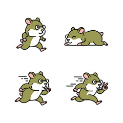 Cartoon hamster running and exercising in different poses with dynamic motion