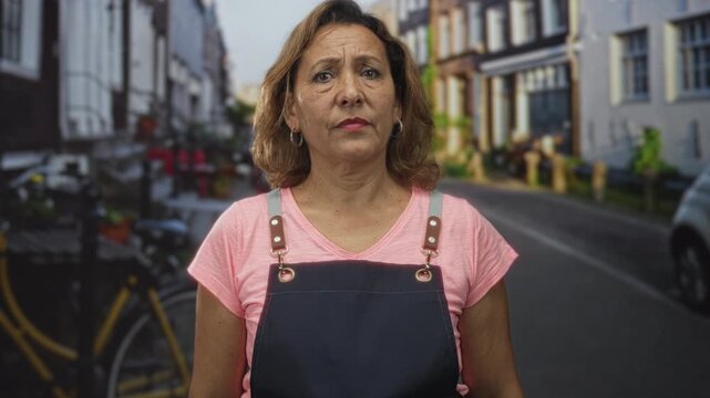 Woman wearing blue overalls holds arms in timeout gesture on busy street with parked bicycle behind; frustration refusal.