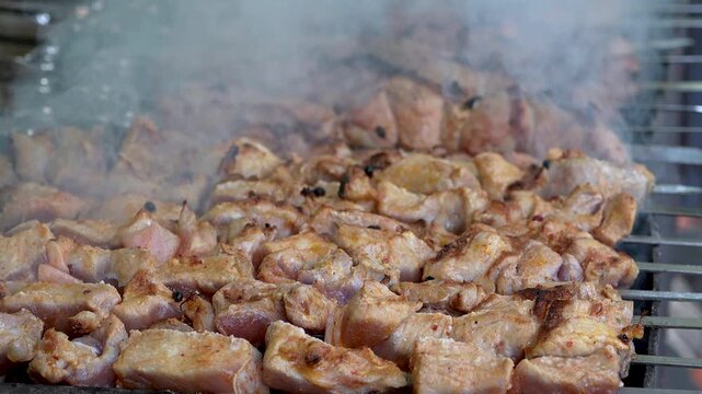 Traditional georgian mtsvadi, grill on the coals with smoke. Shashlik, barbecue. Slow motion