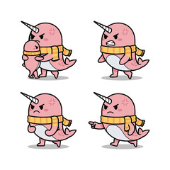 Cartoon narwhal character showing different emotions with life jacket on a white background