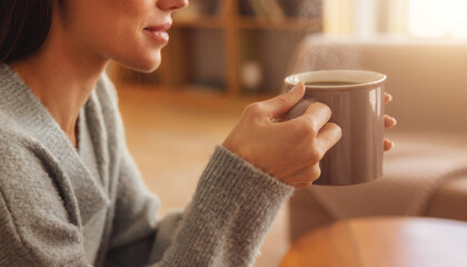 Woman holding a steaming mug indoors. Cozy drinks, relaxing at home, morning routine, coffee break, warm beverages concept.