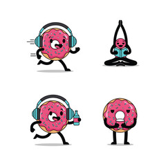 Donut character practicing yoga and running with headphones in a fun cartoon style