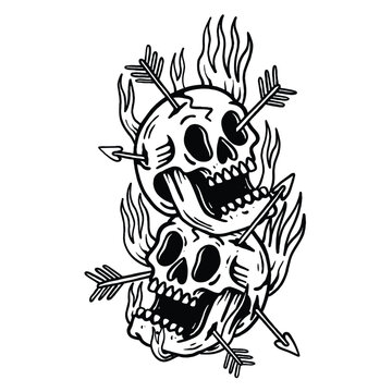 Vintage Burning Skulls Pierced by Arrows Hand Drawn Illustration