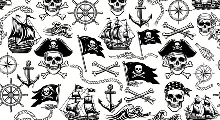 Pirate Ship and Skull Pattern: Jolly Roger, Anchor, Compass, Wheel, Waves