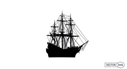 Silhouette of a majestic tall ship with full sails against a white background © jono
