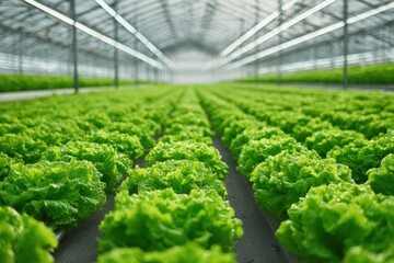 Rows of Fresh Lettuce Growing in a Modern Greenhouse
