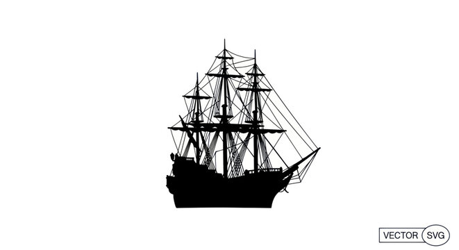 Silhouette of a majestic tall ship with full sails against a white background