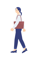 鞄を持って歩く女性。オフィスカジュアルな装いで通勤するビジネスパーソン。出勤する人物の全身イラスト。