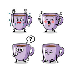 Cartoon coffee cups expressing different emotions with character and copy space