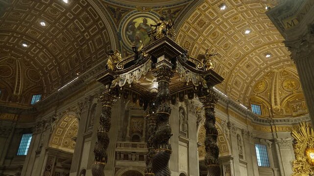 Orbital Low Angle View of Main Altar in Saint Peter Basilica
