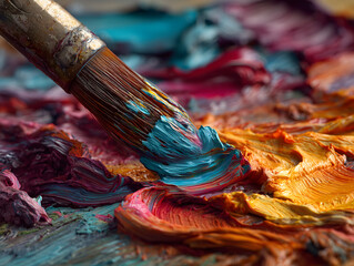 Fototapeta premium Close up of a paintbrush mixing thick textured oil paint in vibrant warm colors