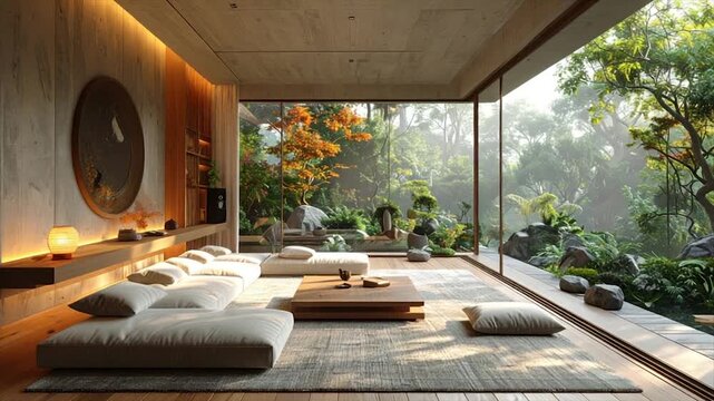 Modern living room with floor cushions, wooden elements, and a large window overlooking a forest