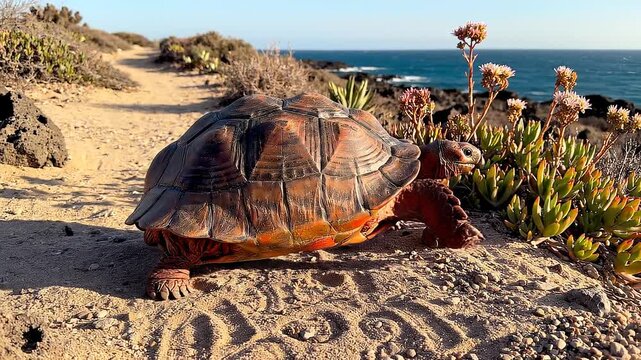Tortoise walking on sandy coastal path.